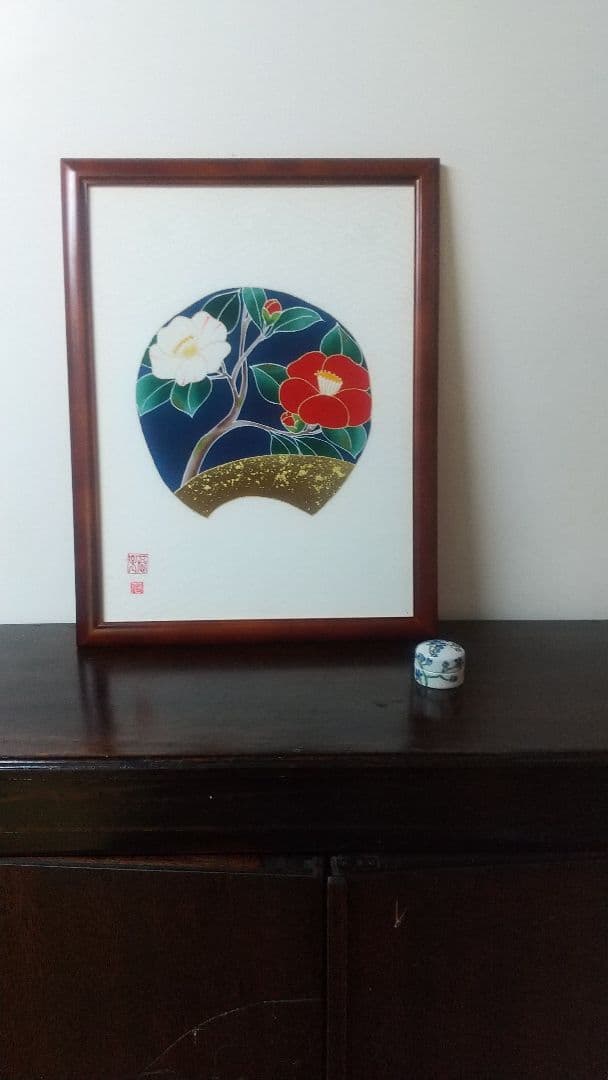 京都手描き友禅染め 「椿図」染め額 友禅職人一品物