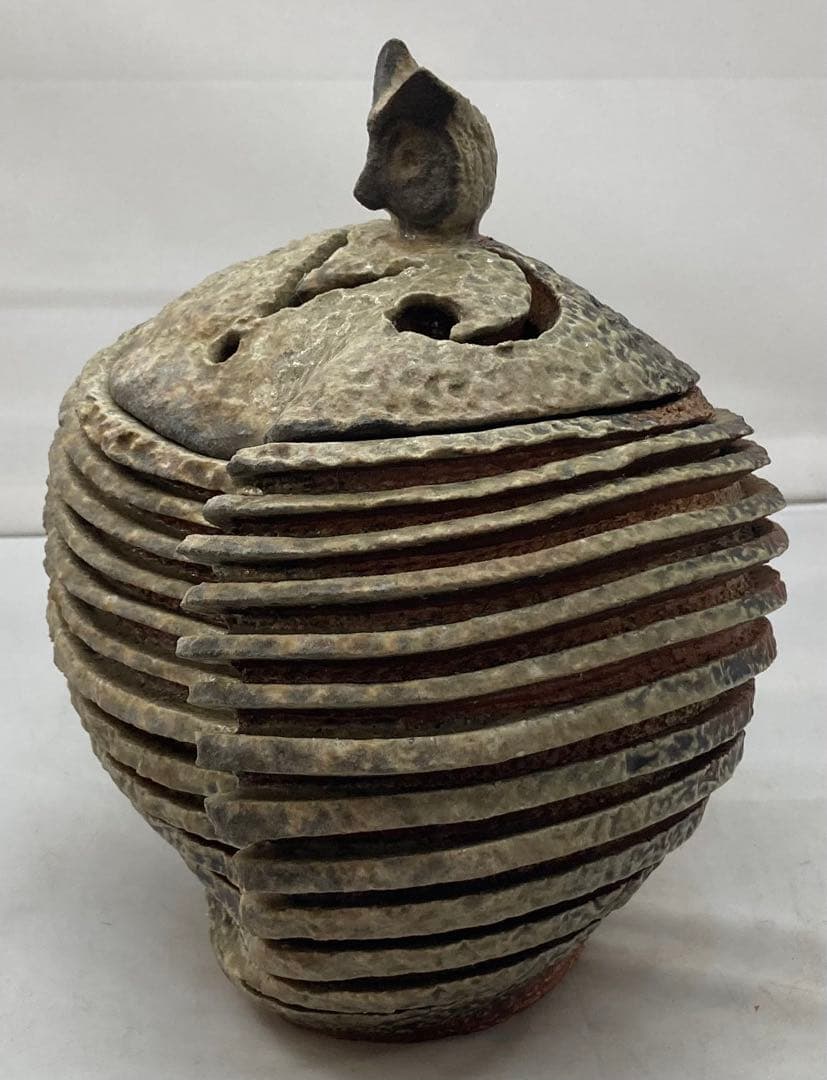 B154 山本出造「備前ブルゴーニュ土  積上香炉」 共箱　線香立付 フクロウ