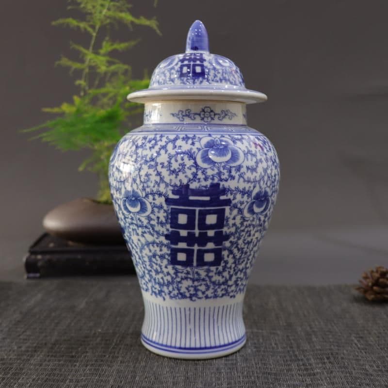 青花磁器喜字将軍缶 景徳鎮 陶磁器装飾品 工芸品 美術品 置物