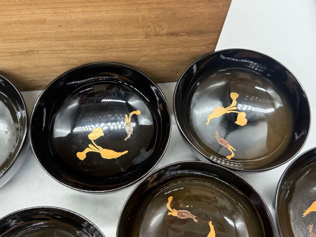 時代　輪島塗　黒蒔絵　大根模様吸い物椀9点　木製　共箱260204