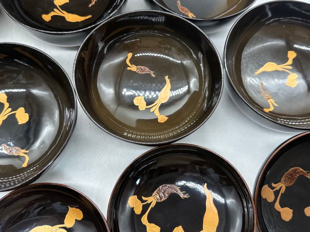 時代　輪島塗　黒蒔絵　大根模様吸い物椀9点　木製　共箱260204