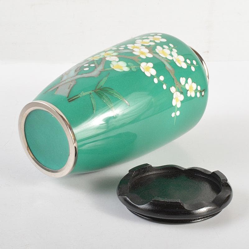 七宝焼　翡翠色　花文　花瓶　唐木台・箱付　V　6415C