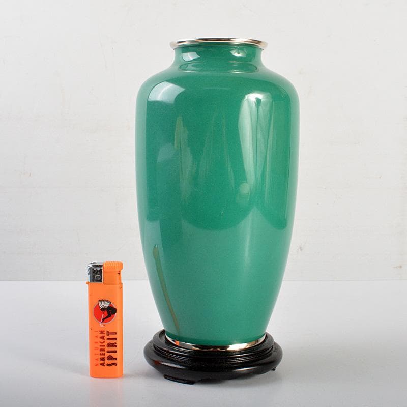 七宝焼　翡翠色　花文　花瓶　唐木台・箱付　V　6415C