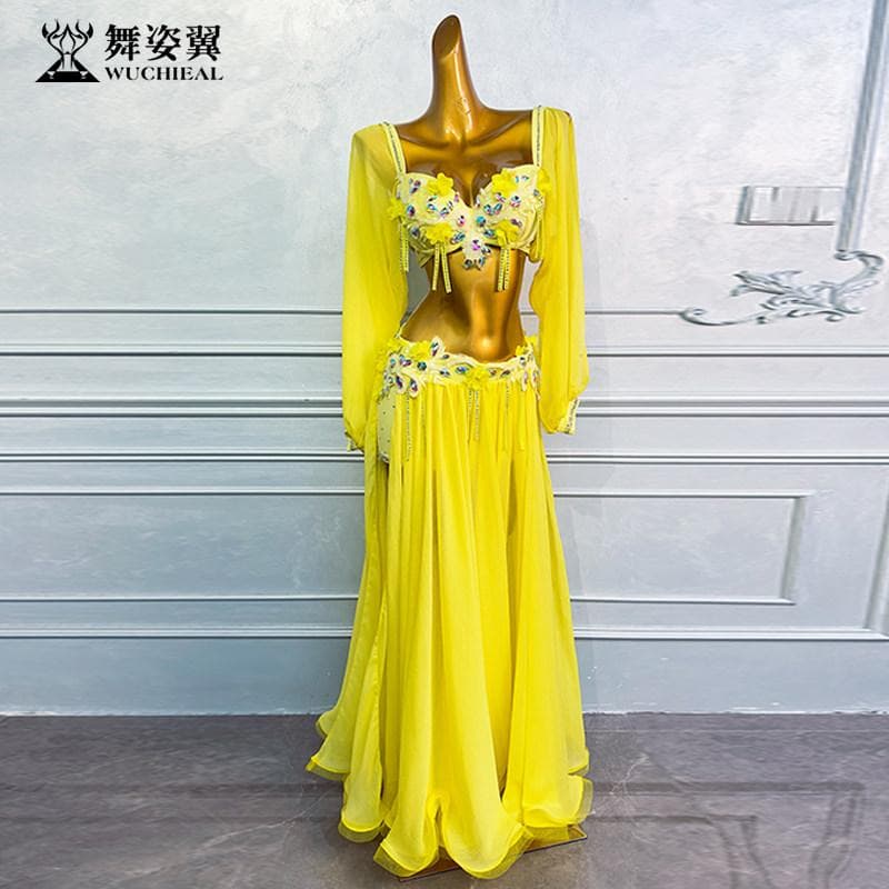 ベリーダンス衣装 ライトイエロー スパンコール オリエンタルダンスセット