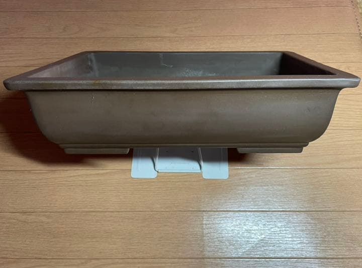 昭和盆栽鉢　紫泥外縁長方鉢切足　「山幸製陶」
