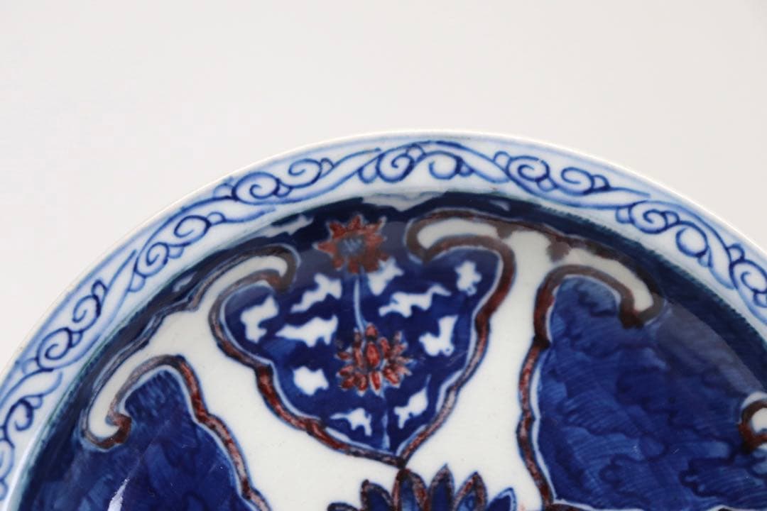 中国　大清康熙年製銘　青華釉裏紅蓮紋皿　送料込み0805