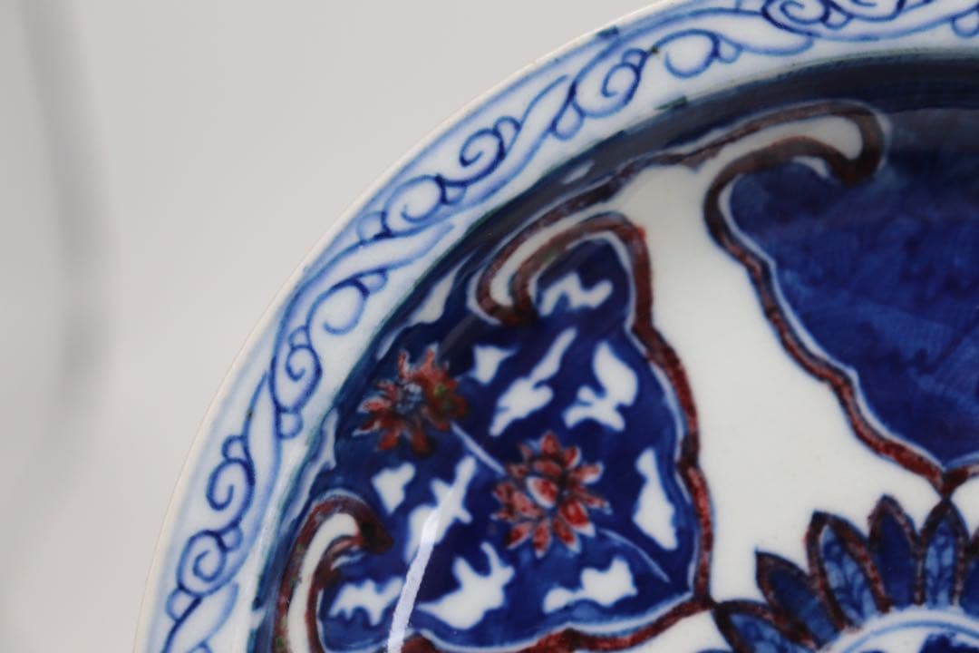 中国　大清康熙年製銘　青華釉裏紅蓮紋皿　送料込み0805