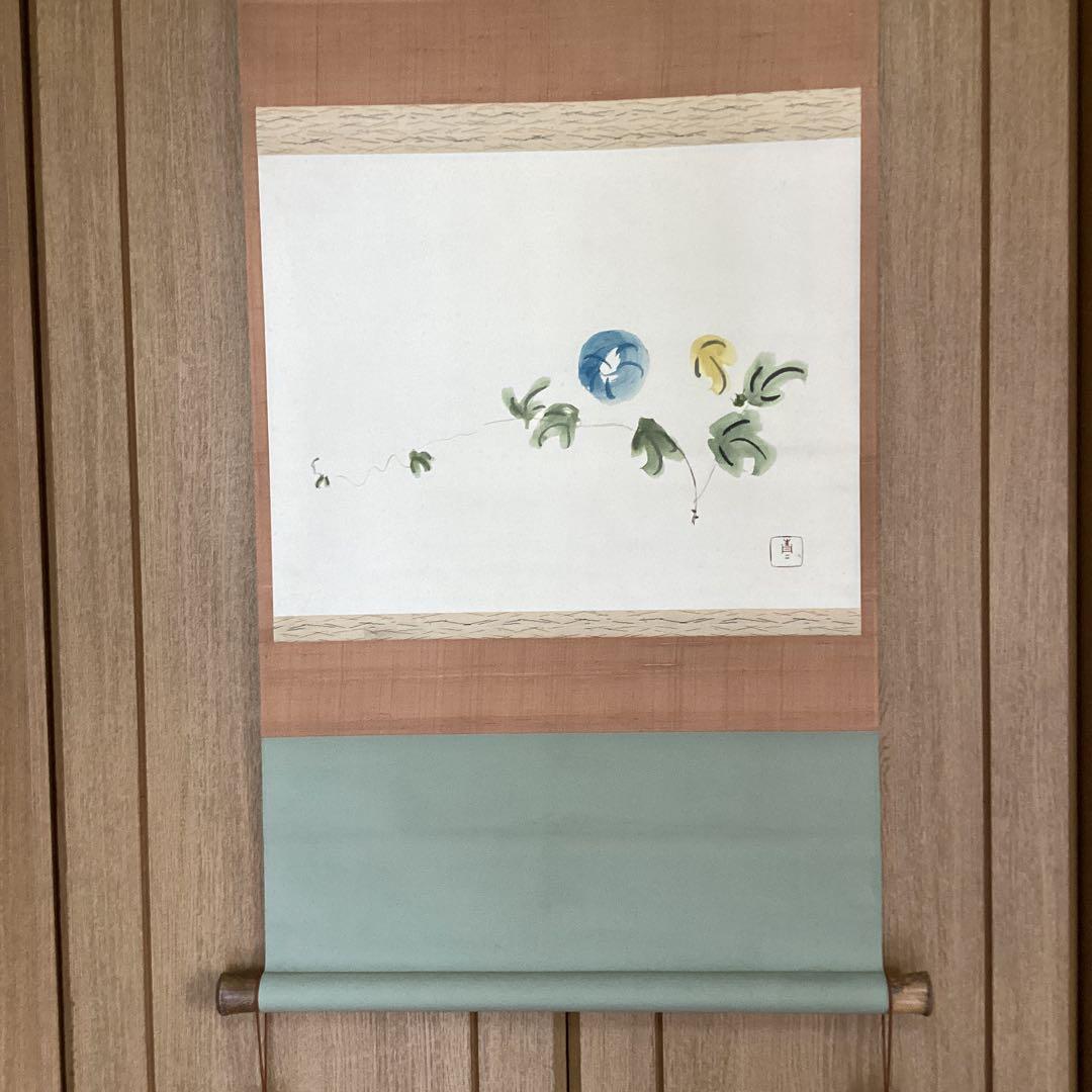 松瀬青々　　紙本彩色画　《朝顔之図》掛軸一幅　軸先竹加工　　肉筆画　234