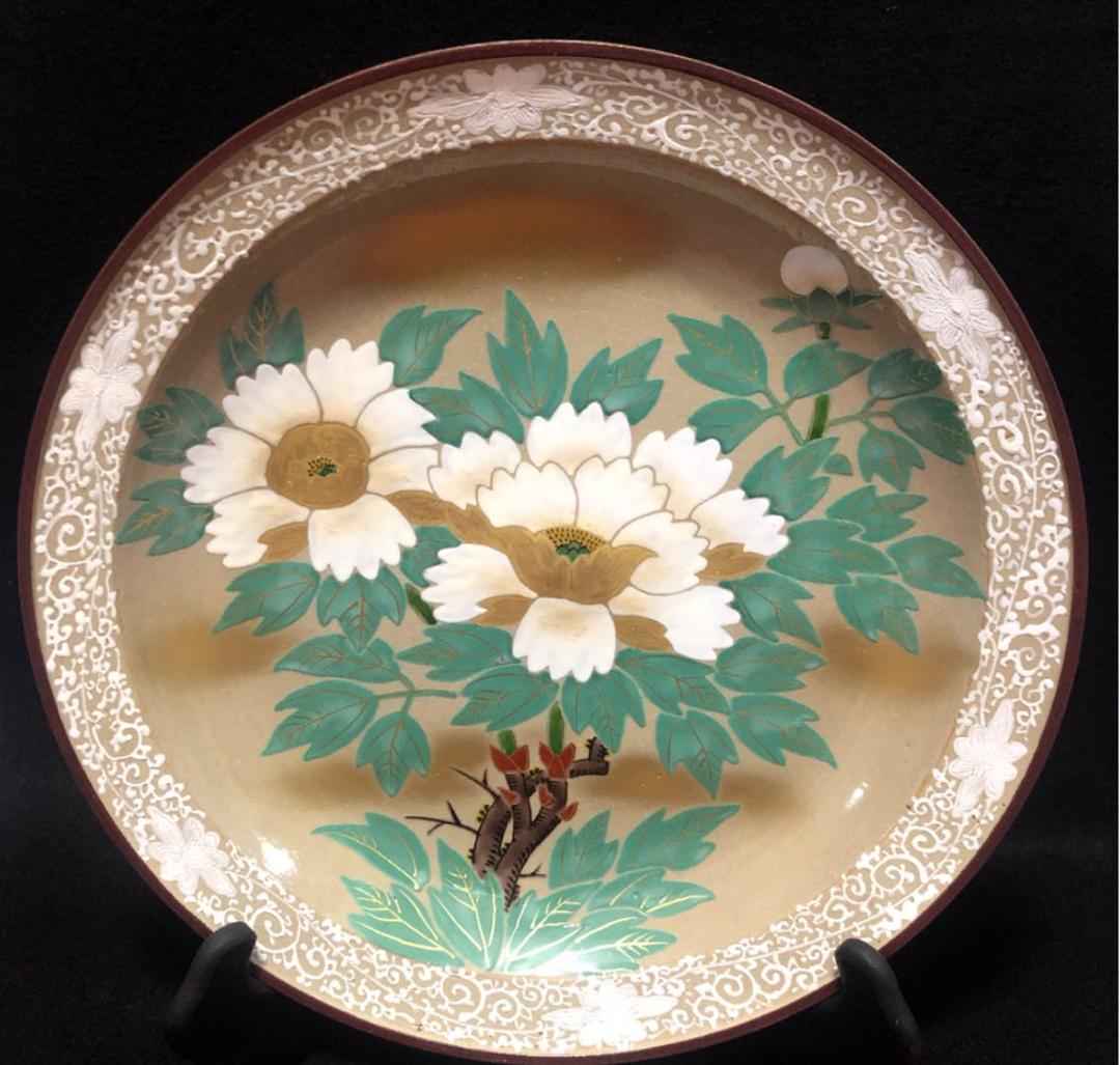 【和】古美術収集家買出品　珍品　古九谷焼飾り皿 白金花柄　本物ラベル付き