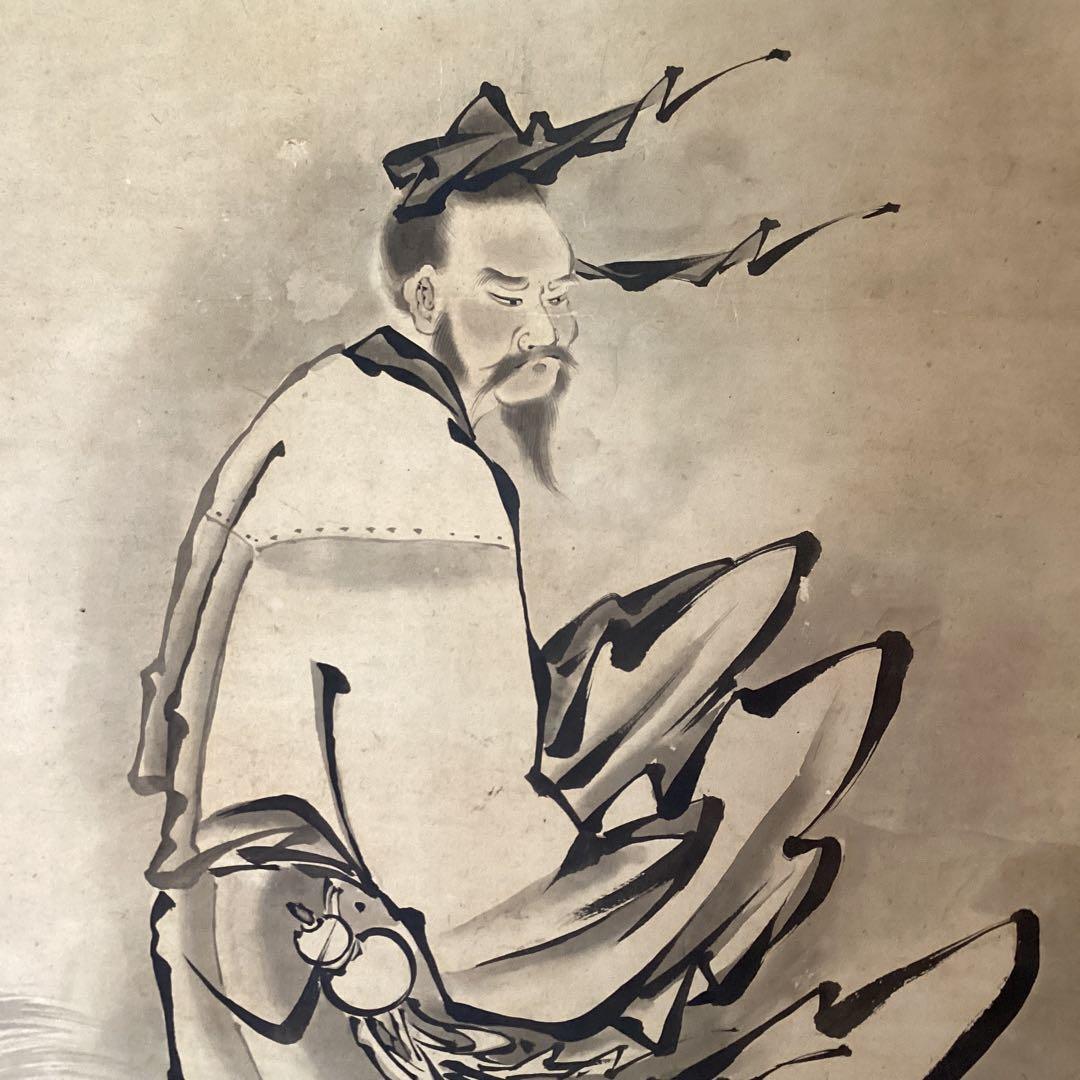 狩野休圓筆　紙本水墨画　【　静波　剣乗賢人図　】71歳作　掛軸一幅　模写　154