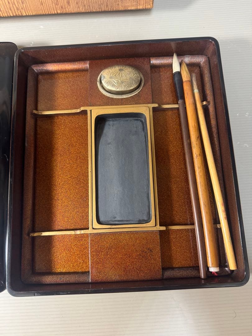 2365 草花蒔絵 硯箱 平安楊光堂作　書道具