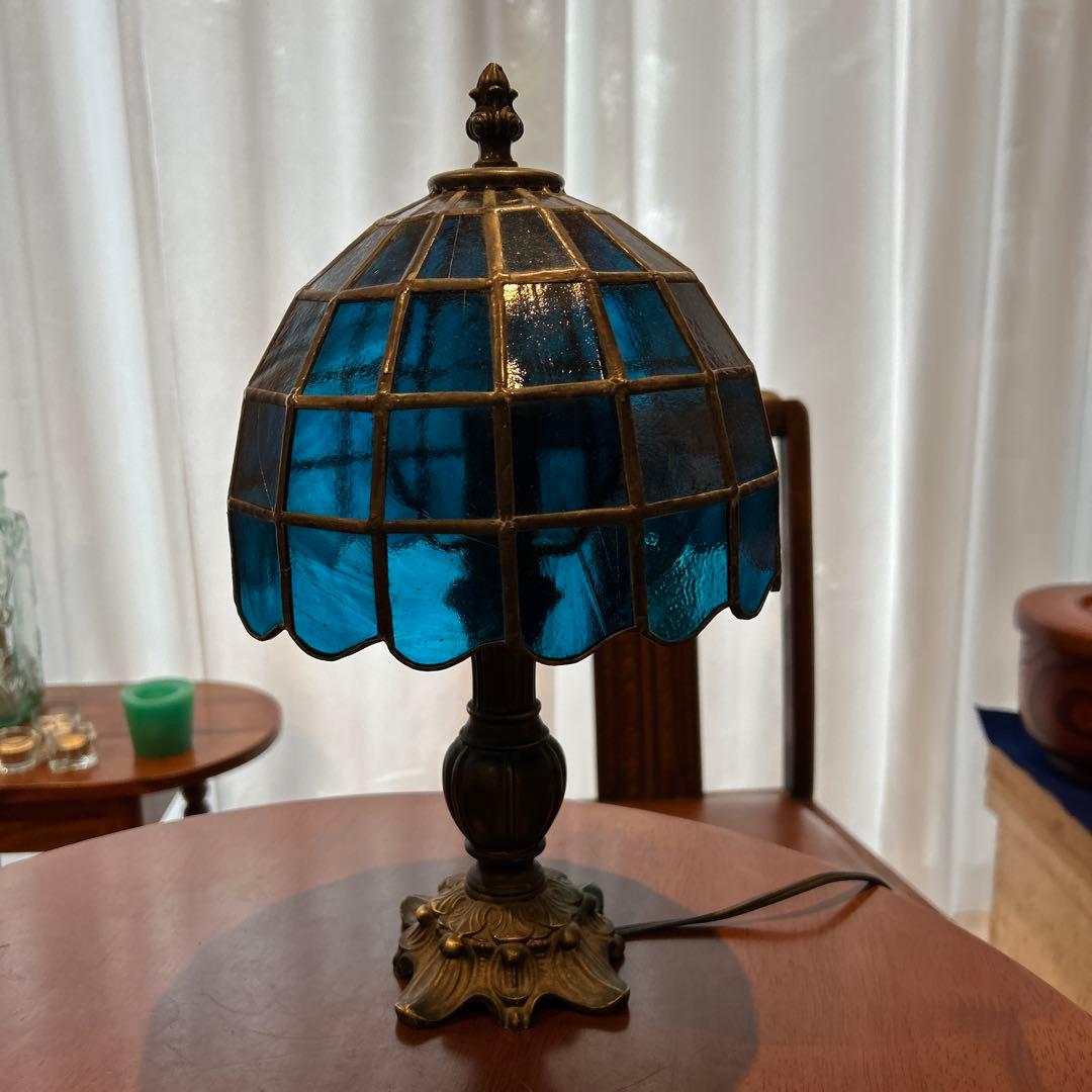 青いステンドグラス　ヴィンテージ テーブルランプ 昭和レトロ