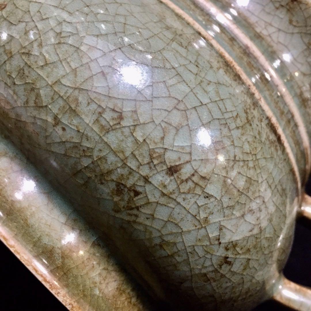 文房具　雙耳香爐 宋時代　汝窯 陶器　冰裂纹 貫入