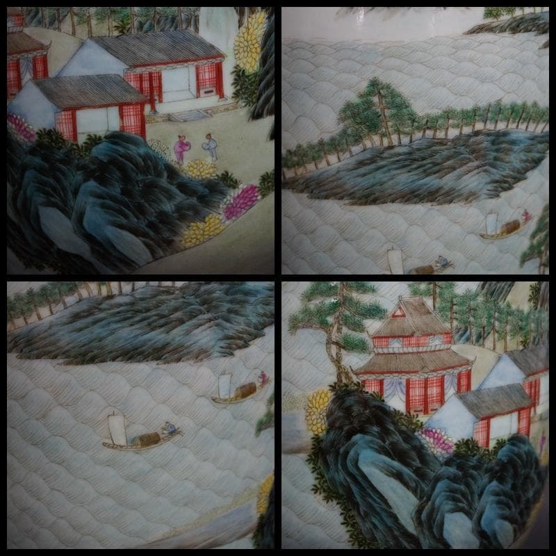 清 大清乾隆年製 粉彩色絵『山水風景人物漢詩文』飾壺 花器 高さ31.5㎝