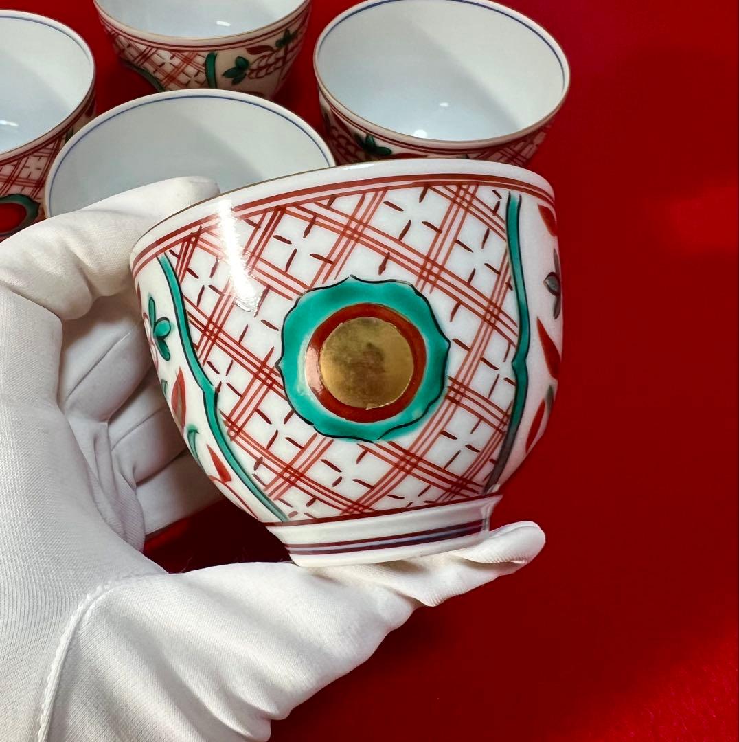 京焼 清水焼 薄胎 赤絵貼金 汲出碗揃五客 陵泉造　茶道具