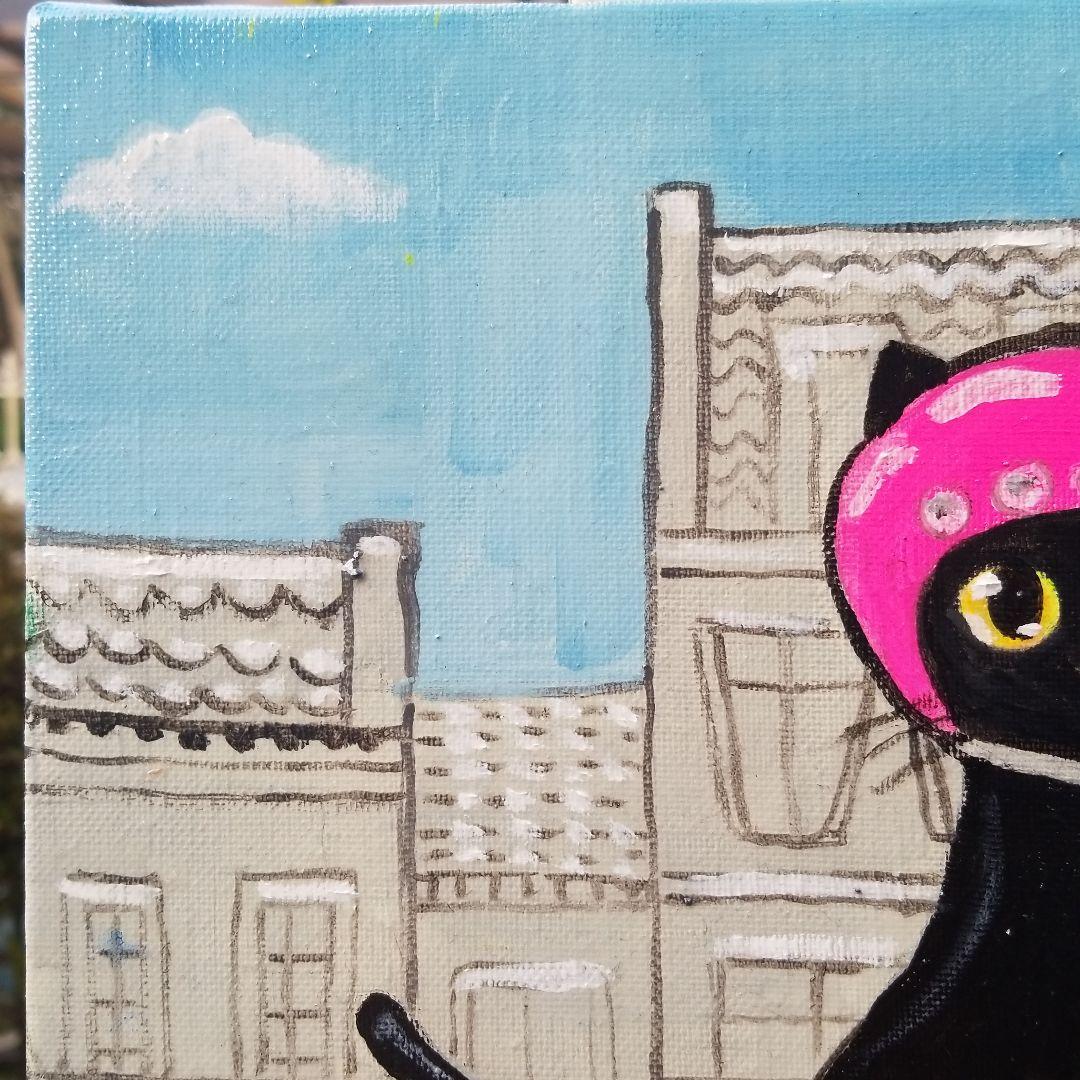 油絵　 専用　スクーターに乗る黒猫