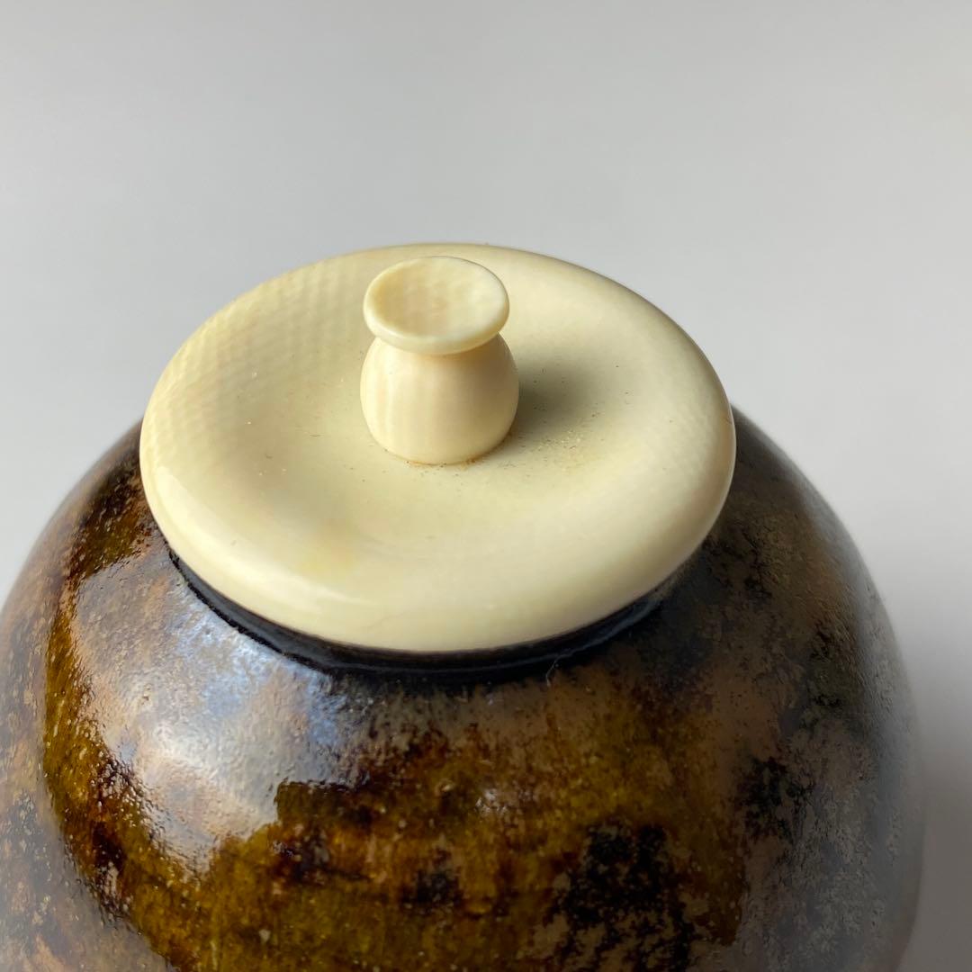 尾州 藤原木二 文琳茶入 織部緞子仕覆 共箱 茶道具