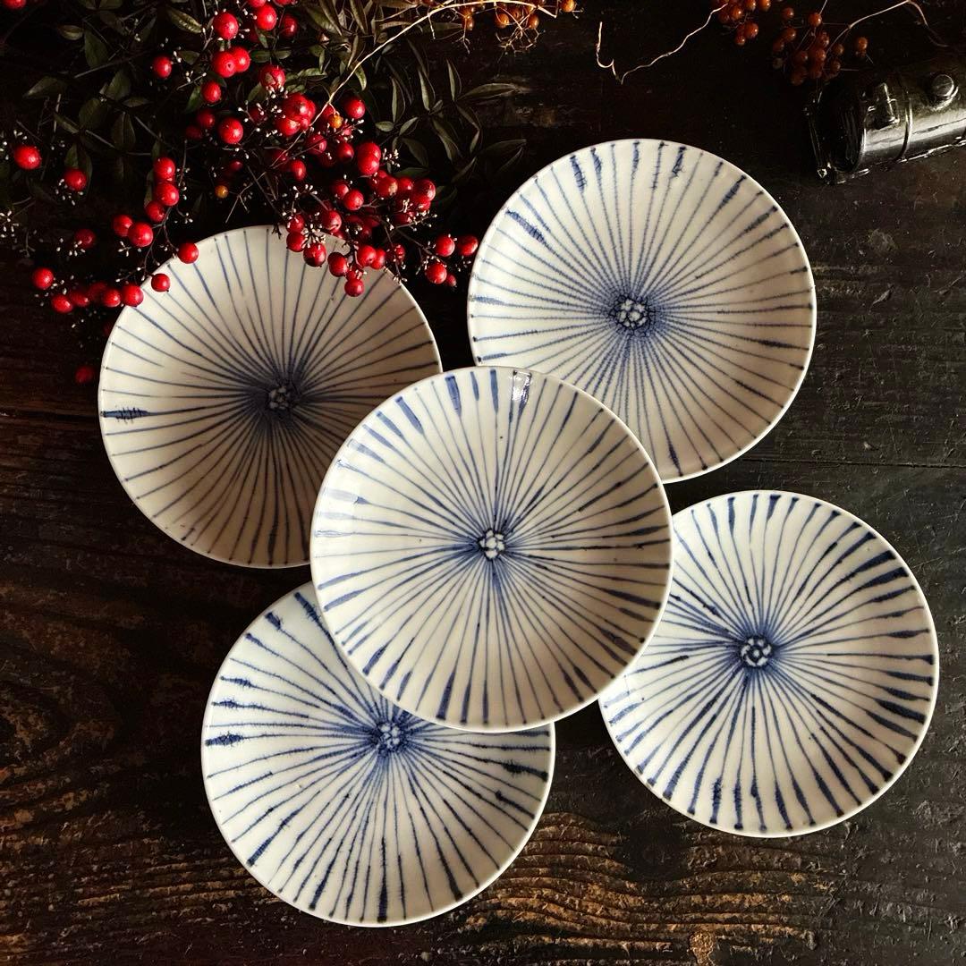 骨董　古伊万里　九谷　染付　松笠　麦藁手　角福　平皿　膾皿　５客限り