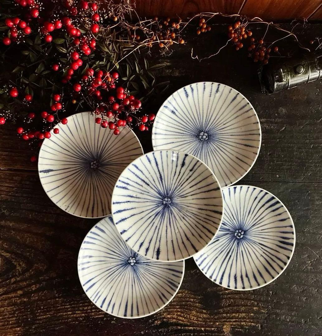 骨董　古伊万里　九谷　染付　松笠　麦藁手　角福　平皿　膾皿　５客限り