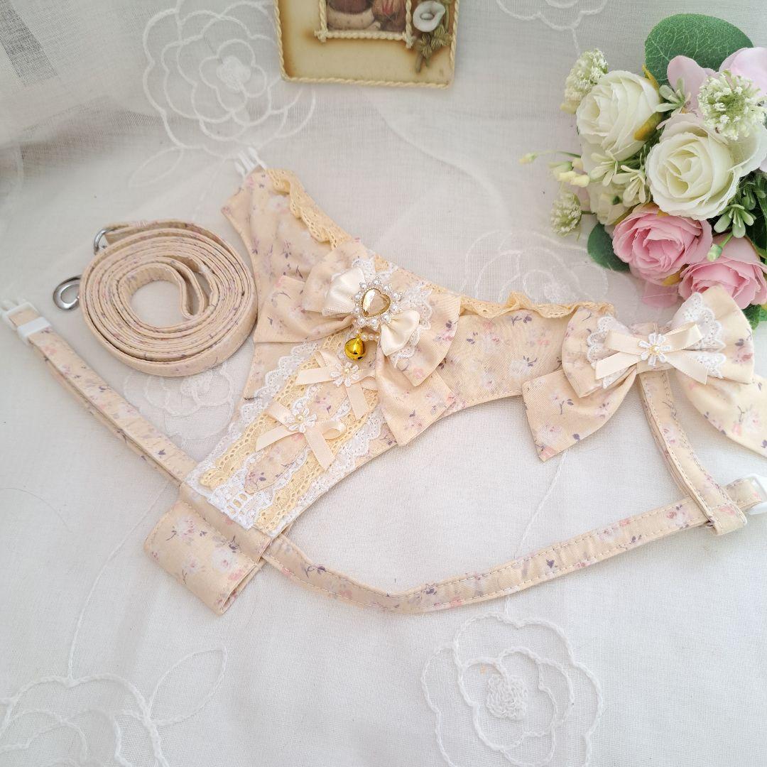 胸当てタイプハーネス(クリームローズ)&リードセット、わんちゃん猫ちゃん用