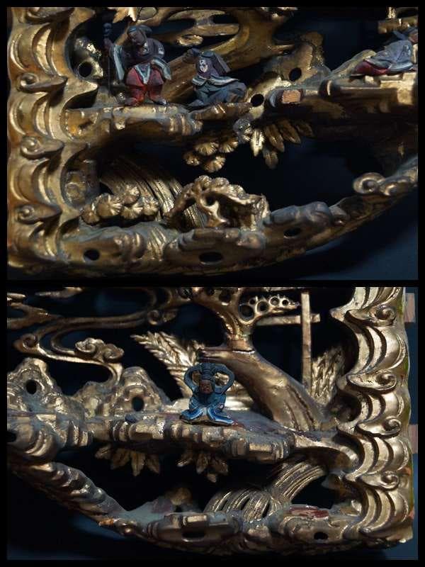 江戸末期一刀彫り高浮彫『人物風景図』 木造彩漆金箔張る 弓欄間 欄間飾り仏教美術