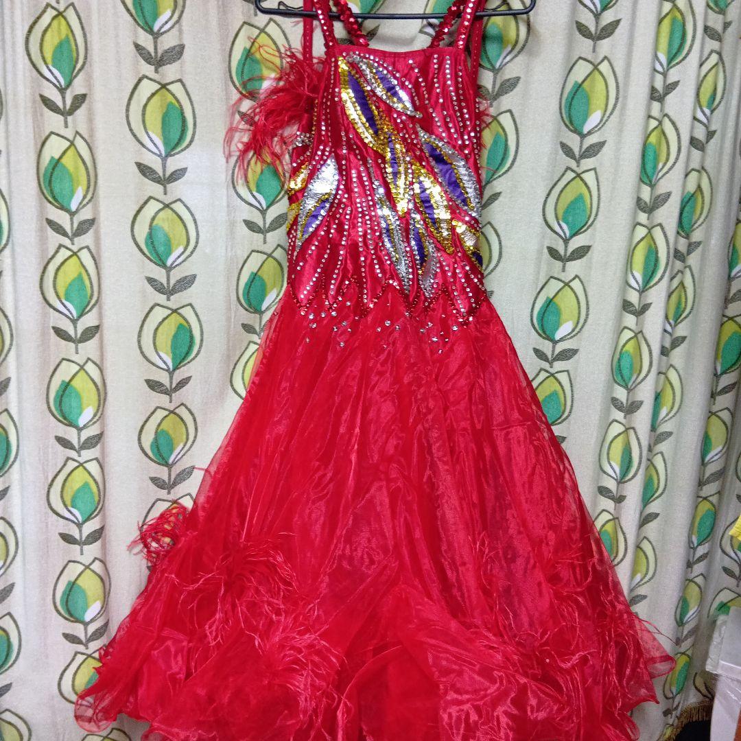 社交ダンス ドレス 赤 スパンコール装飾