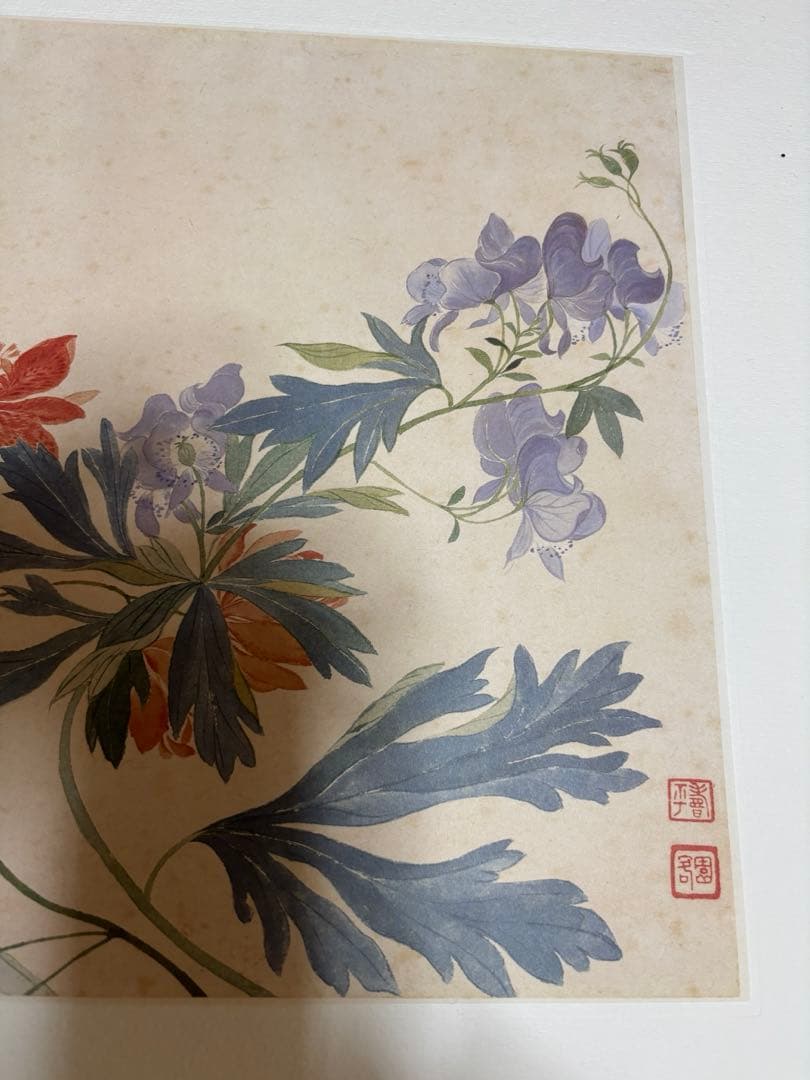 惲 壽平 秋花図（原寸大）水墨画 木製額縁付き　清　中国 二玄社　惲 寿平