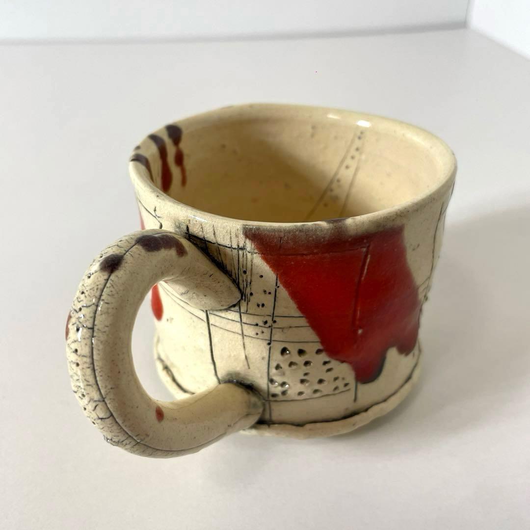 #XG539 陶芸家・山田和・赤釉織部珈琲碗・織部焼・茶碗・酒器・茶道・未使用品