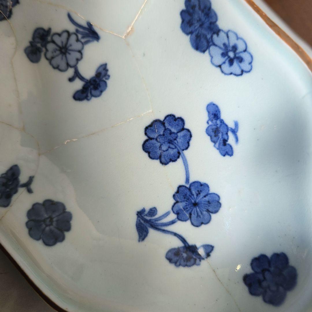 古伊万里　藍柿手　染付　向付　桜　江戸時代　骨董　金直し　金継ぎ　アンティーク