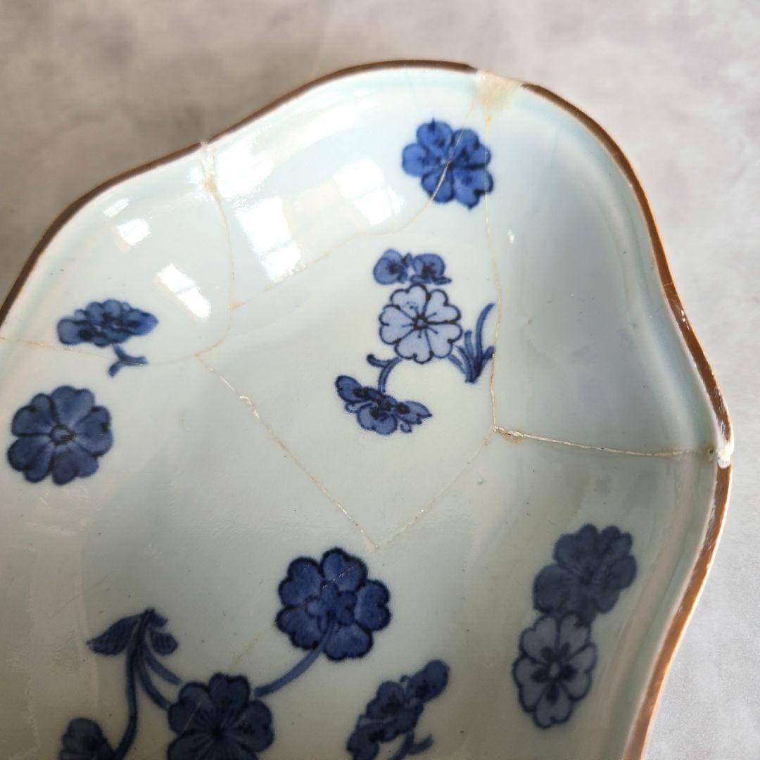 古伊万里　藍柿手　染付　向付　桜　江戸時代　骨董　金直し　金継ぎ　アンティーク