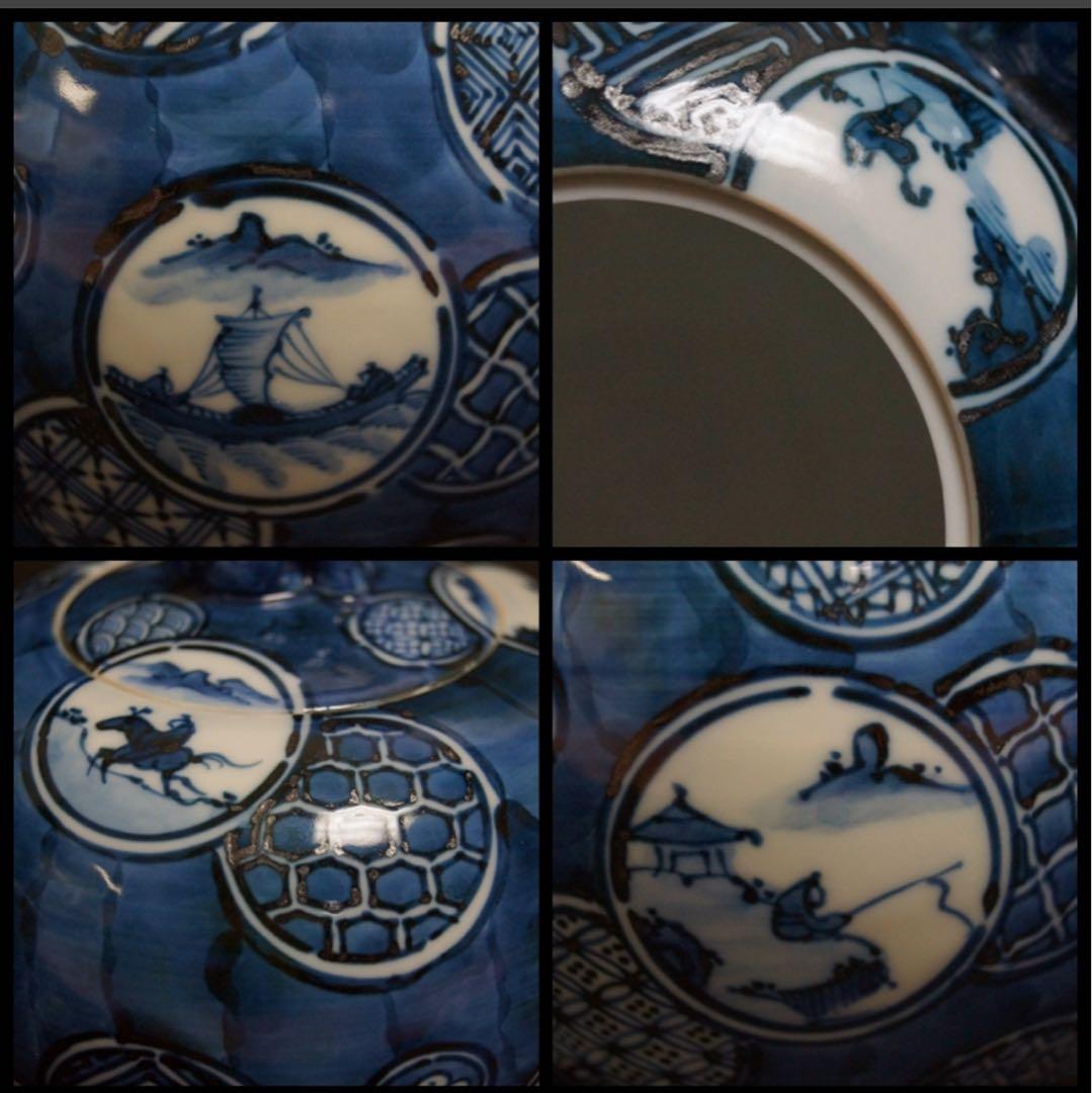 京焼 平安土山松泉造 染付古紋青華祥瑞文 濃味 水注 急須 獅子摘 在銘 共箱