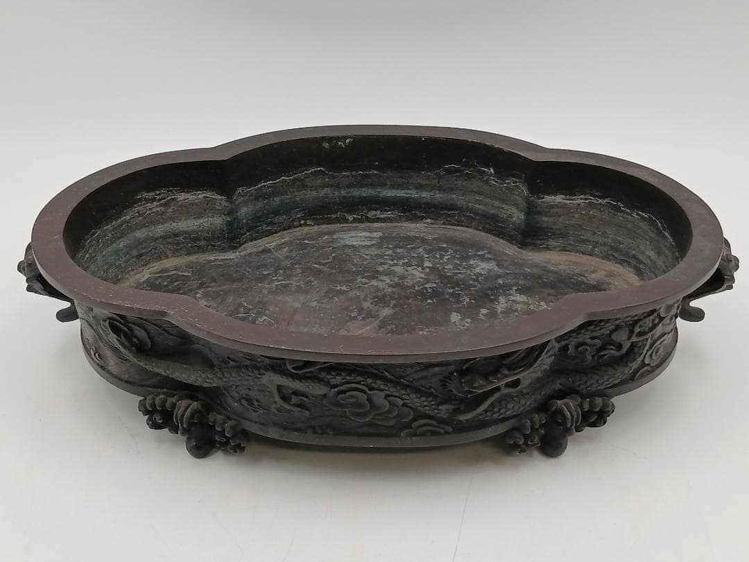 瑞峰堂謹製　青銅製　雲龍盛上細工　水盤　花器