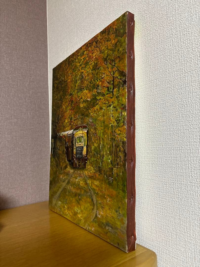 油絵 キャンバス 絵画 アート インテリア 紅葉 電車
