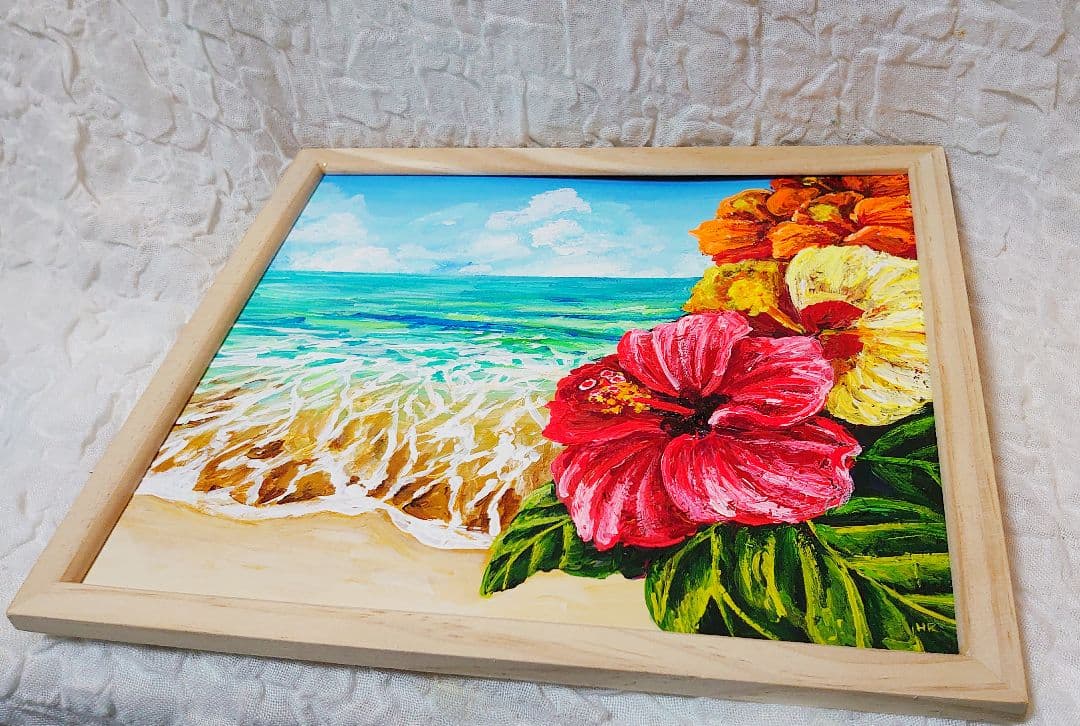 油絵 絵画【海とハイビスカス】