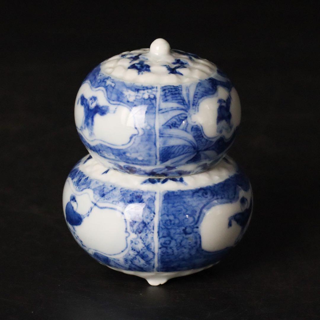 二代 清風与平 染付 唐子図香合 共箱 茶道具