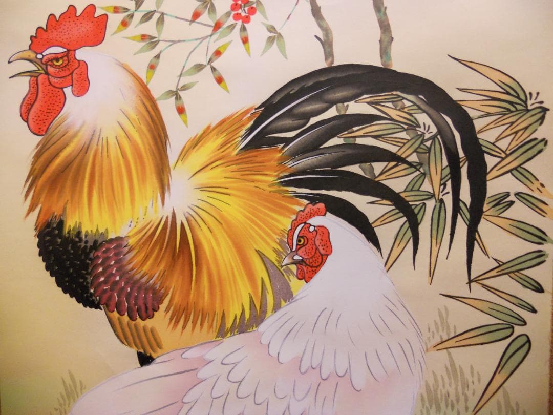 掛け軸 宗一 南天に家禽 絹本 希少 軸装 茶道具 掛軸 美品 です。