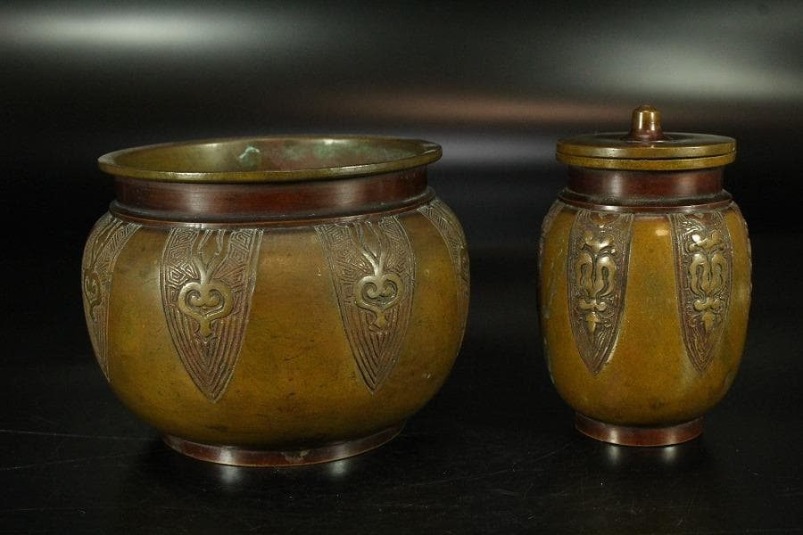 古銅 大明宣徳年製 饕餮紋 二件(K-ZC785)