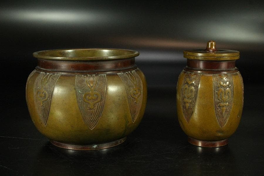 古銅 大明宣徳年製 饕餮紋 二件(K-ZC785)