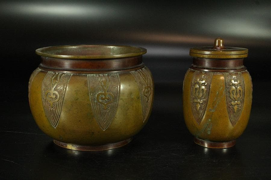 古銅 大明宣徳年製 饕餮紋 二件(K-ZC785)