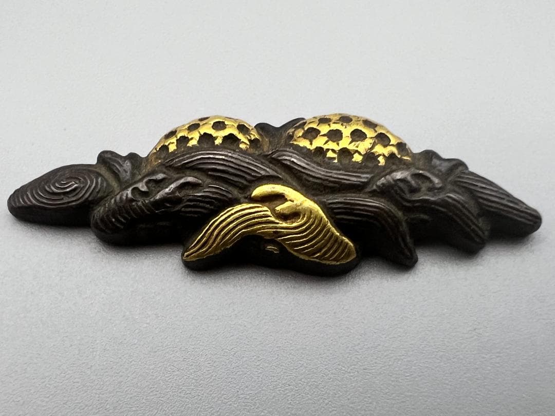 【海】江戸明治期　目貫　龍　天使　武士文など　銅鉄　金銀象嵌　5点　骨董品