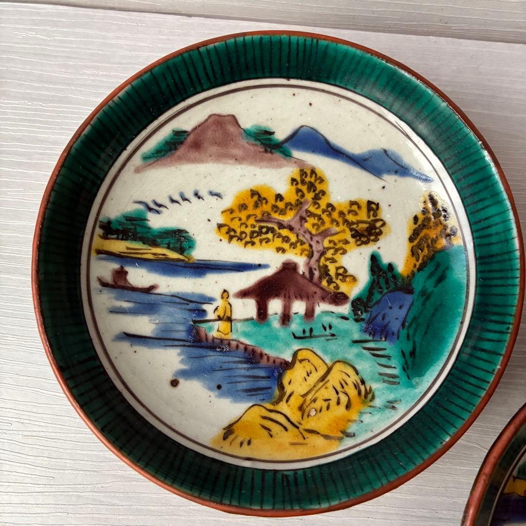 【1枚訳あり】九谷焼　吉田屋窯　小皿　角福　山水　青手　年代物　共箱　和食器