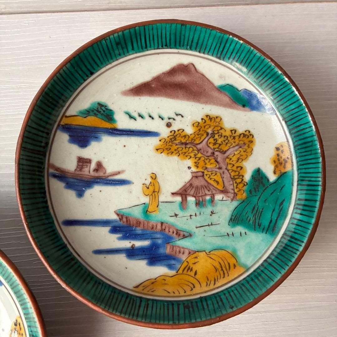 【1枚訳あり】九谷焼　吉田屋窯　小皿　角福　山水　青手　年代物　共箱　和食器
