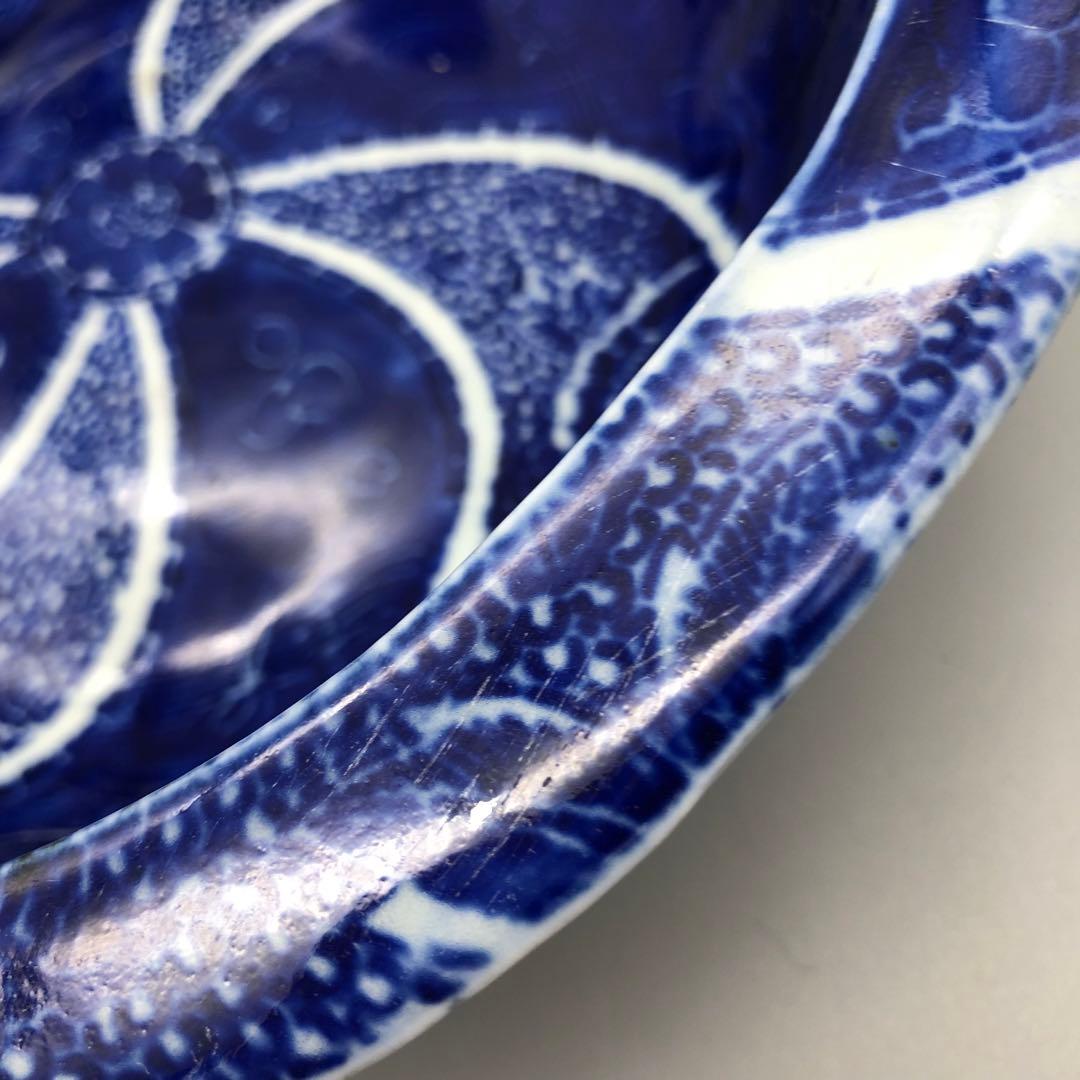 明治時代古伊万里渦巻き花微塵唐草文様ベロ藍印判手鉢ボウル26cm伊万里焼骨董品