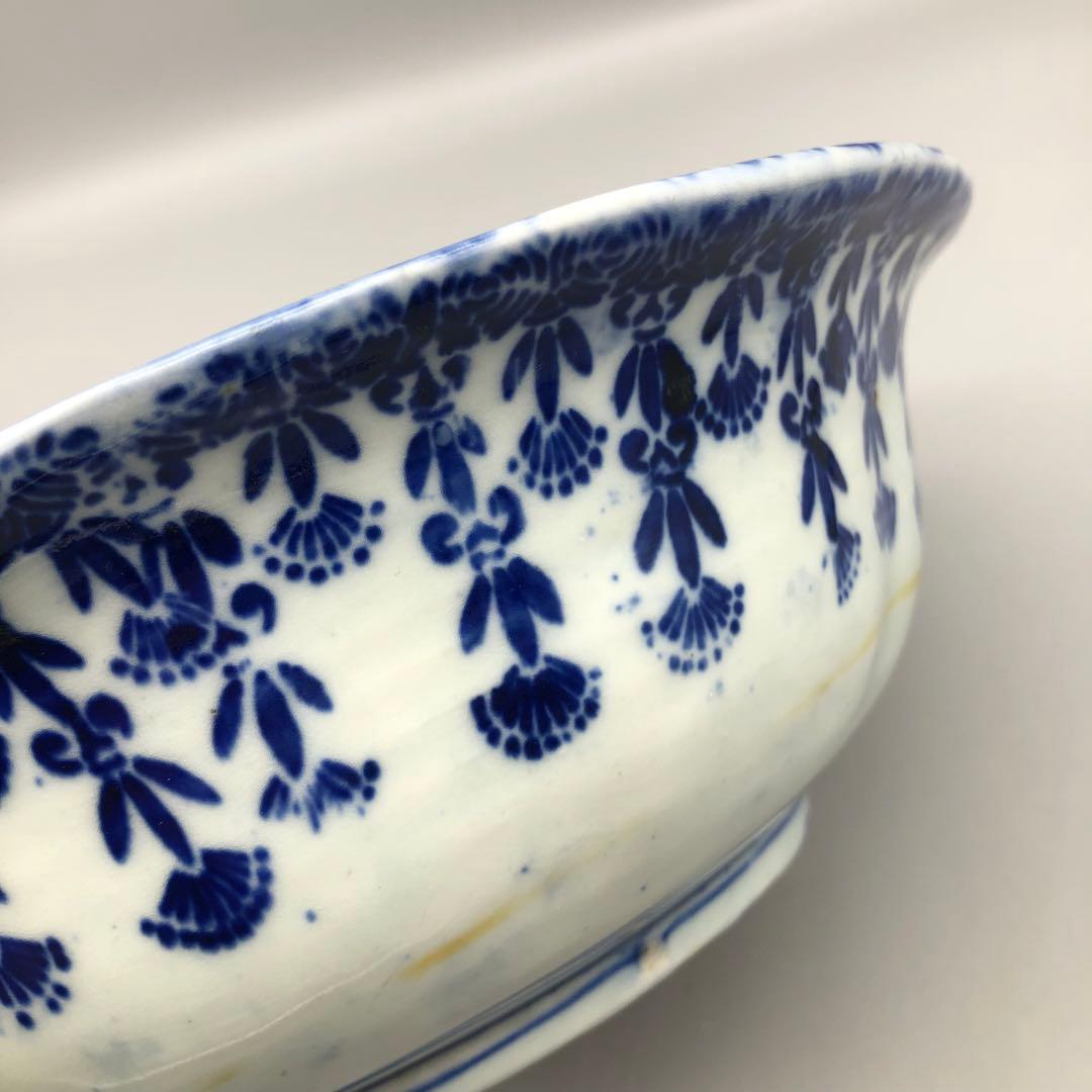 明治時代古伊万里渦巻き花微塵唐草文様ベロ藍印判手鉢ボウル26cm伊万里焼骨董品