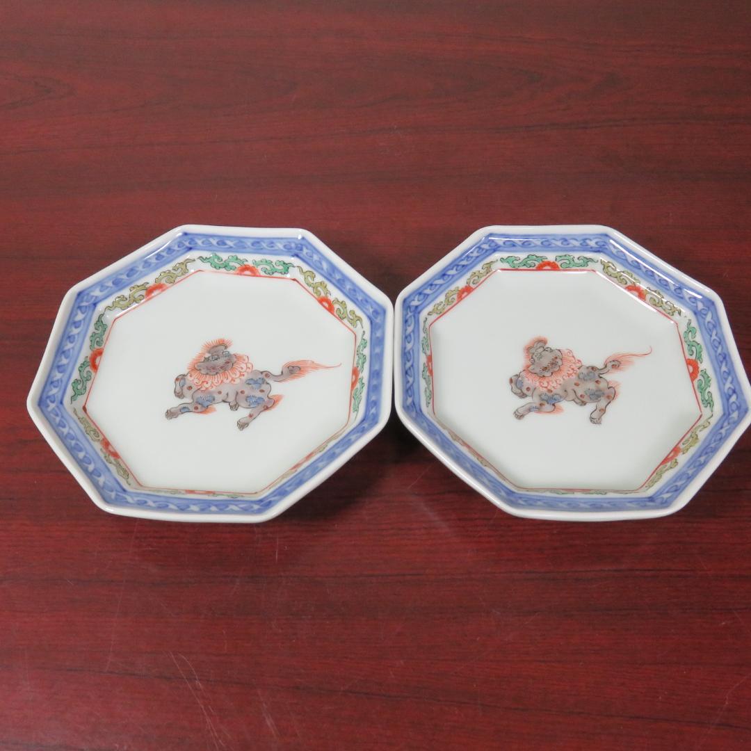 八角皿 伊万里 古代唐獅子 五寸皿 2枚 明治 大正 希少 美品 極上