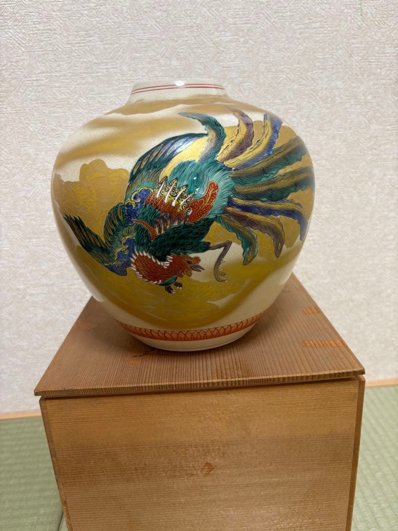 金色鳳凰の陶器花瓶 木箱付き
