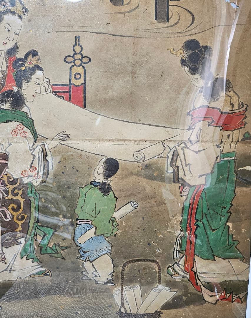 中国古美術　中国古画　紙本肉筆　金彩色絵　人物画　宮中の図　作者不明　簡易額装2