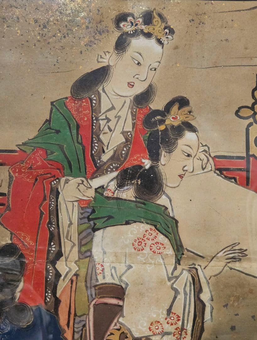 中国古美術　中国古画　紙本肉筆　金彩色絵　人物画　宮中の図　作者不明　簡易額装2