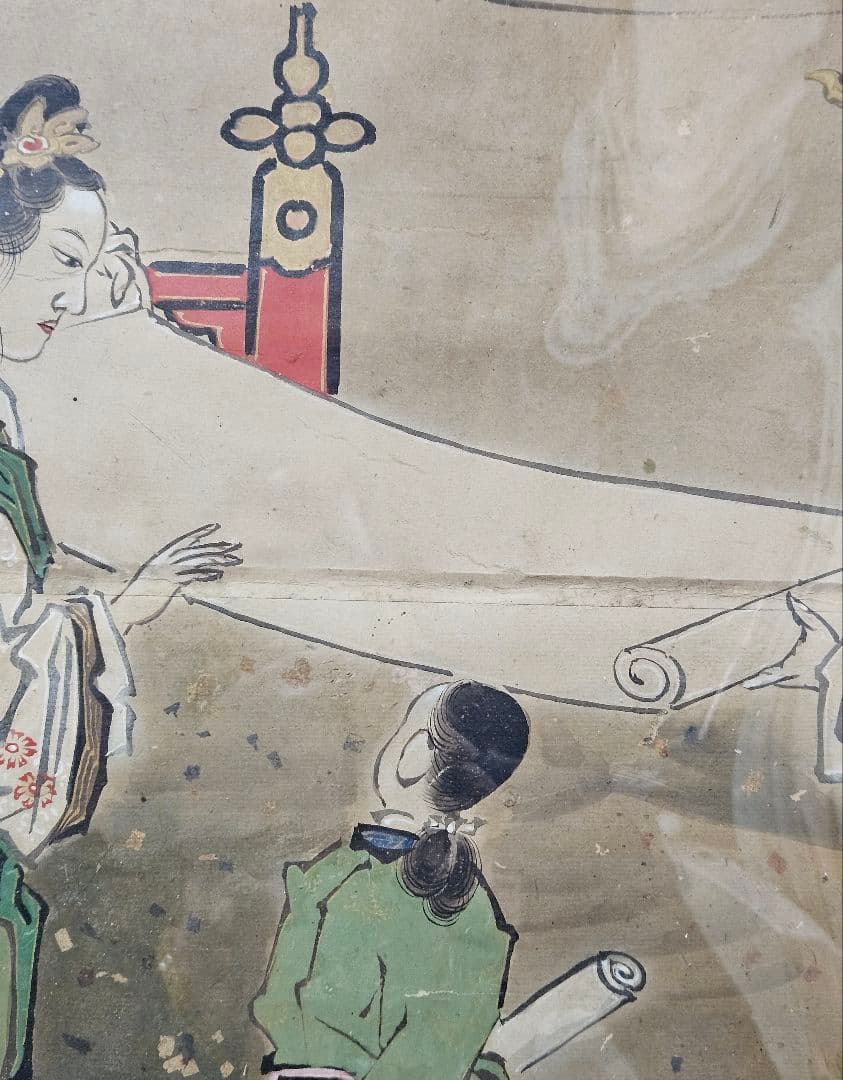 中国古美術　中国古画　紙本肉筆　金彩色絵　人物画　宮中の図　作者不明　簡易額装2