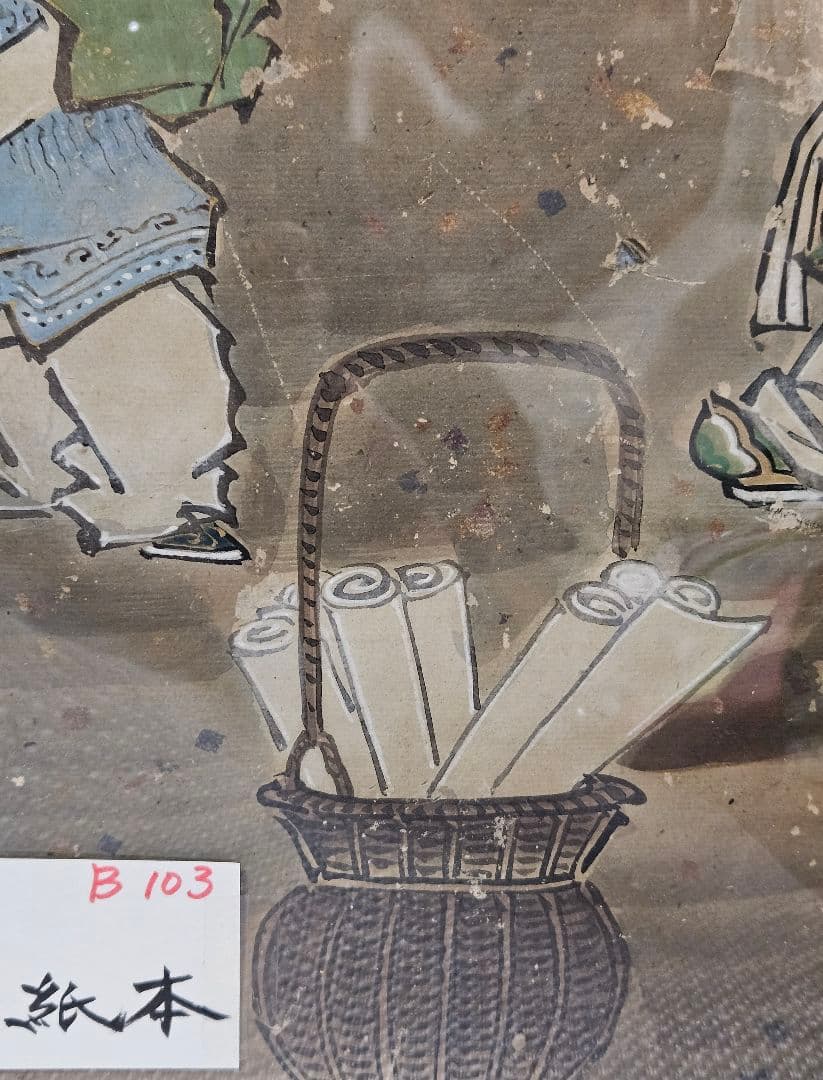 中国古美術　中国古画　紙本肉筆　金彩色絵　人物画　宮中の図　作者不明　簡易額装2